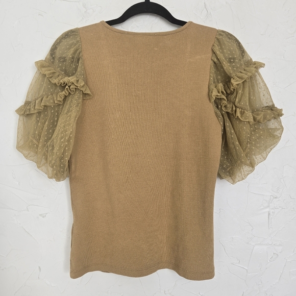 Anthro Maeve Chartreuse Mesh Puff Sleeve Top, M - Picture 5 of 9